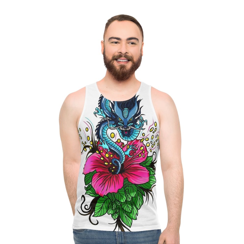 Unisex tank top featuring a dragon with hibiscus flowers - men