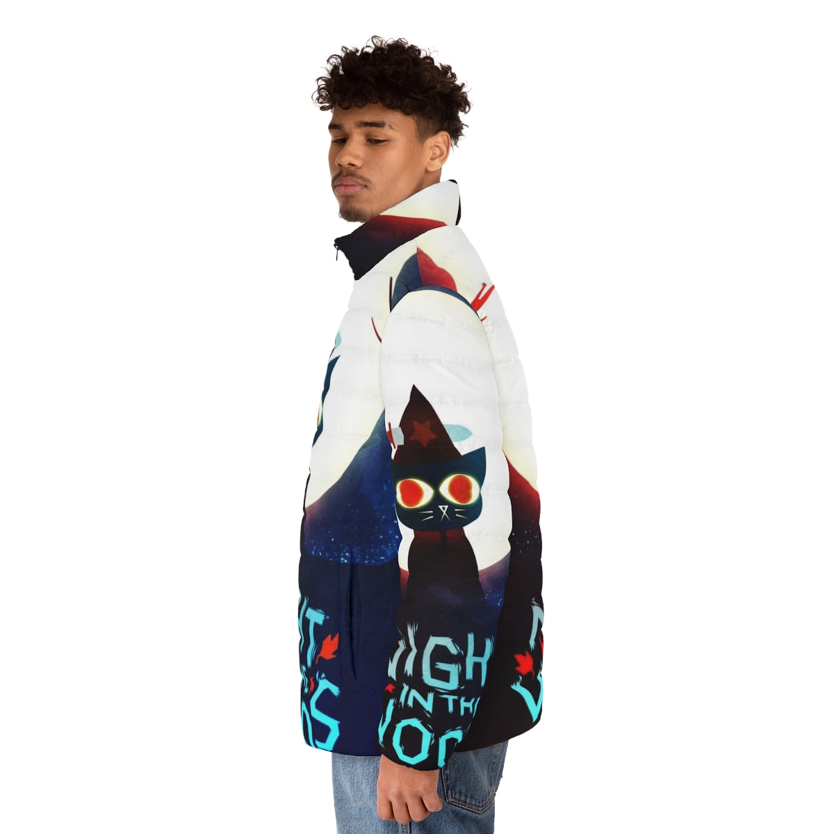 Puffer jacket with witch and dagger design, inspired by the video game Night in the Woods - men side left