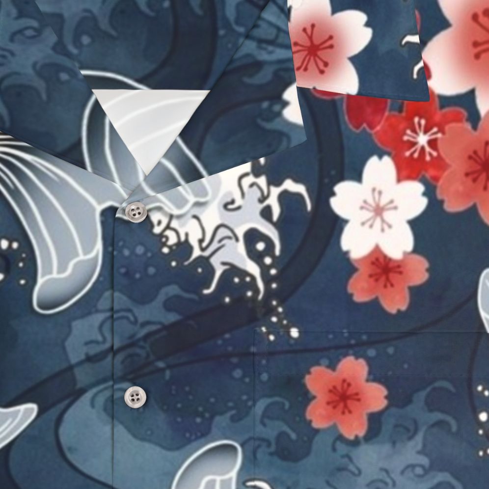 Koi and sakura blossom Hawaiian shirt in a watercolor design - Detail