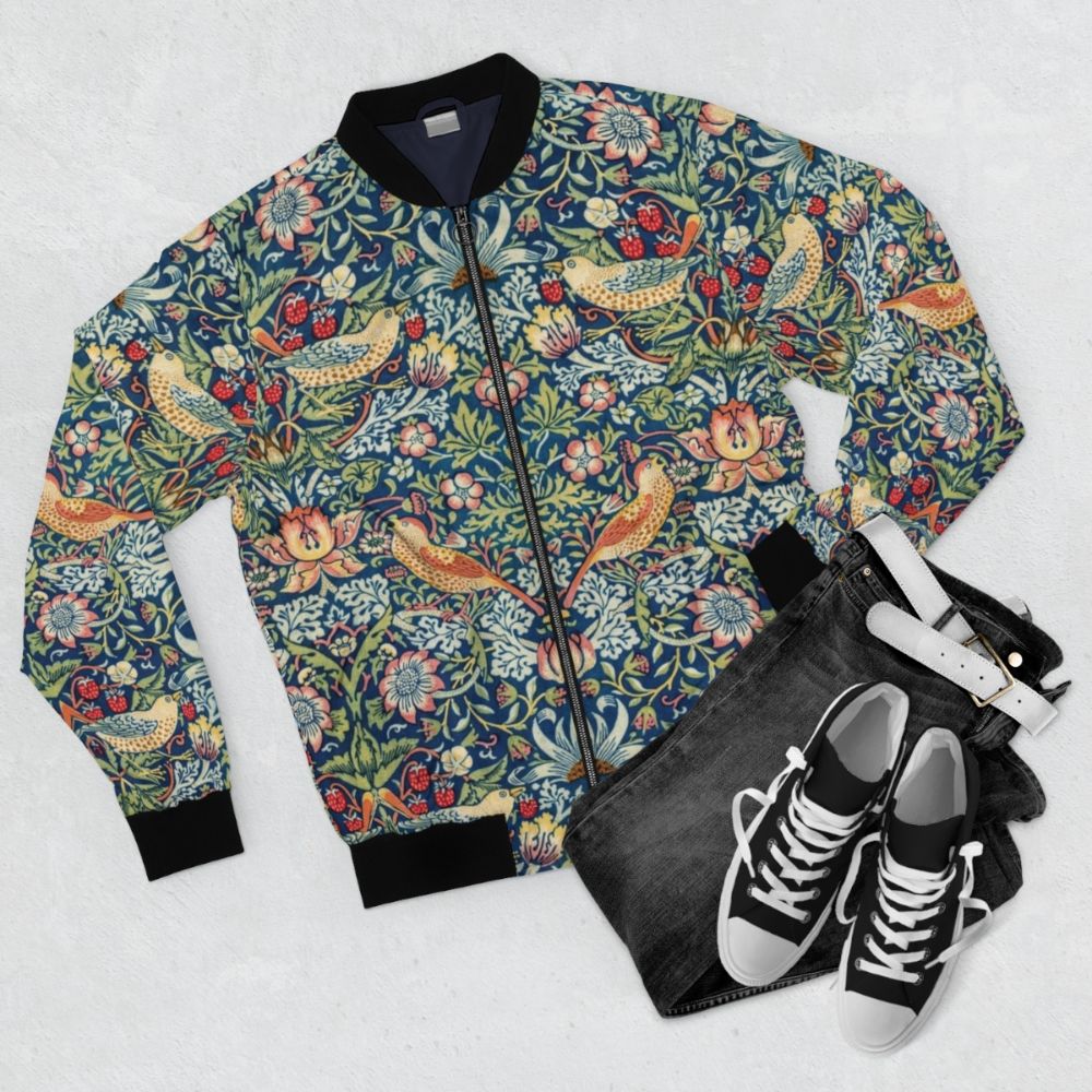 Bomber jacket featuring a floral pattern designed by William Morris - Flat lay