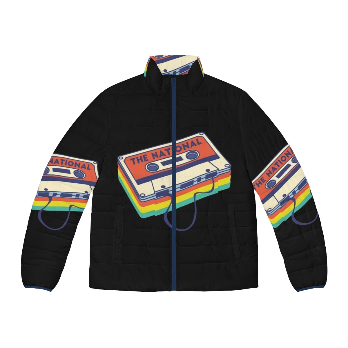 A cozy puffer jacket featuring The National band logo and cassette deck design