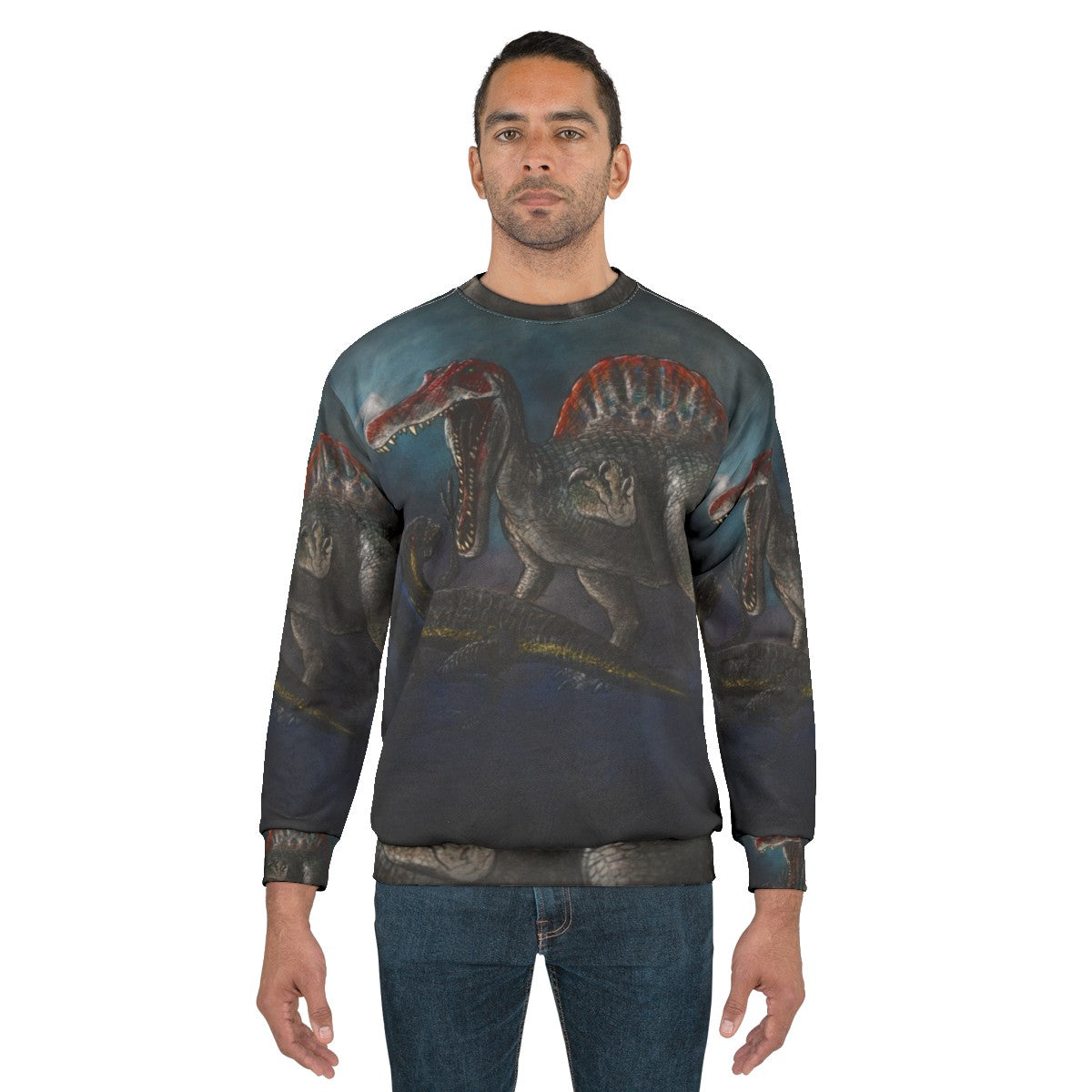 Spinosaurus vs Indominus Rex dinosaur battle graphic on a sweatshirt - men