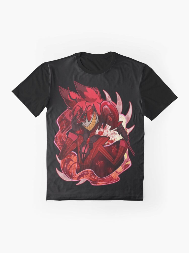 Hazbin Hotel Alastor graphic t-shirt design with the main character Alastor, the Radio Demon - Flat lay