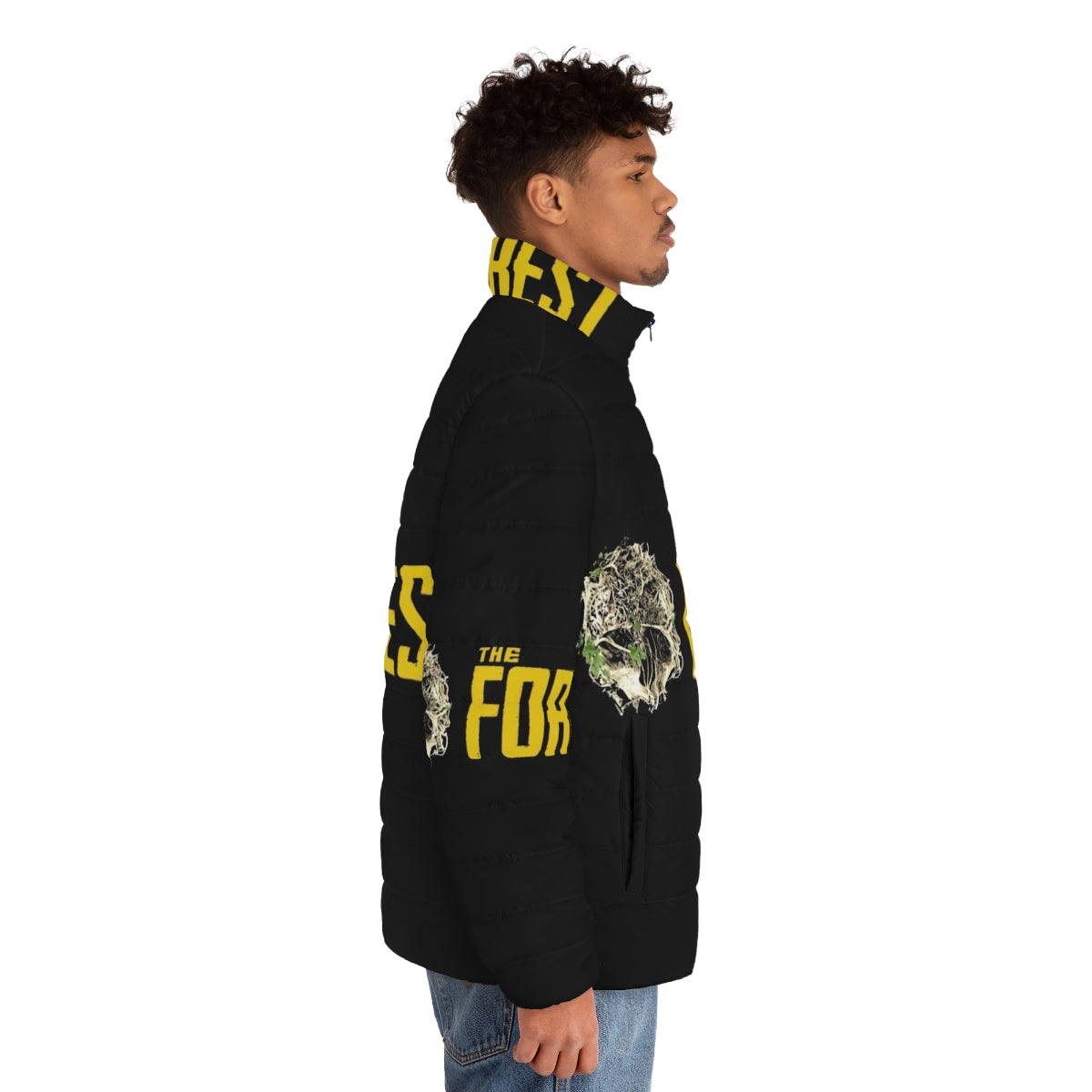 The Forest Game Puffer Jacket featuring a survival-inspired design for gaming fans - men side right