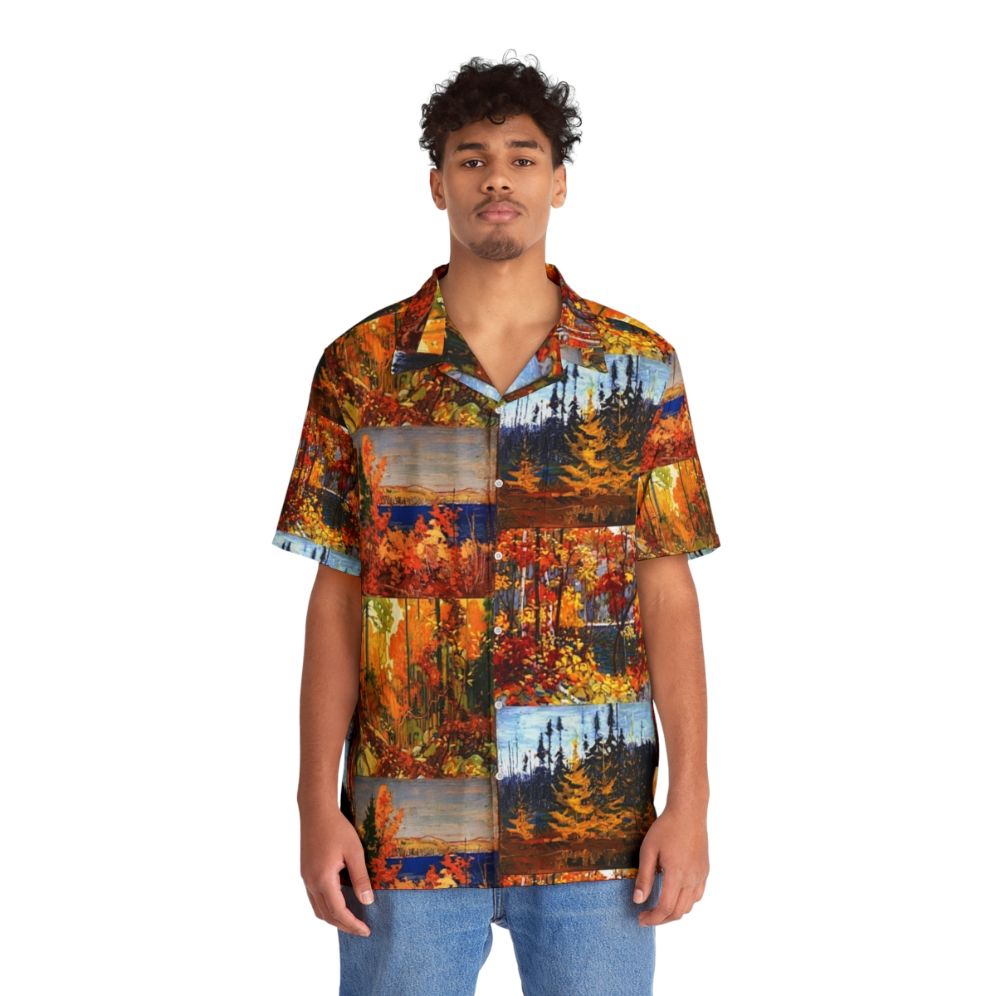 Vibrant autumn leaves and trees on a Hawaiian shirt inspired by the Group of Seven's nature paintings - People Front