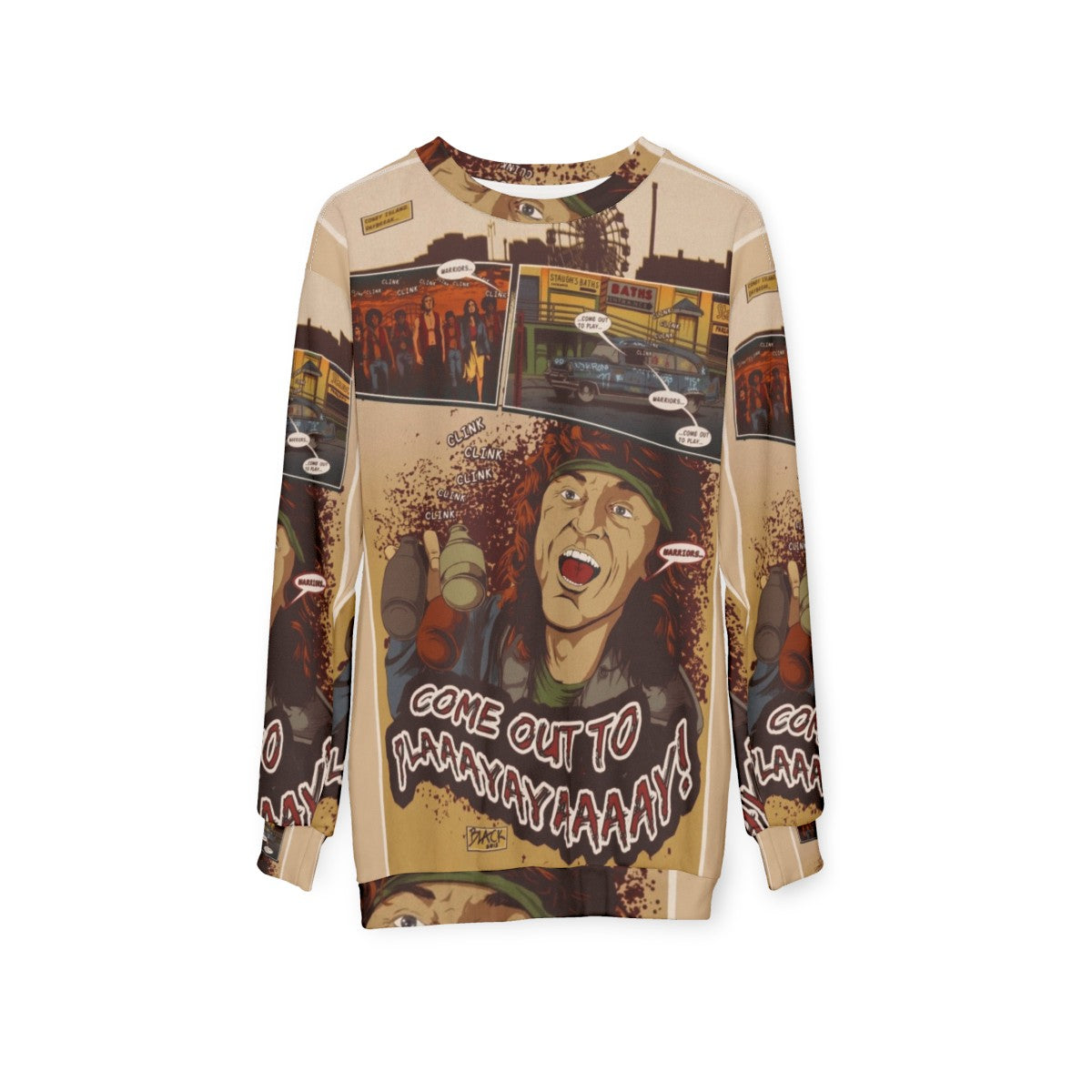 "The Warriors 'Come Out to Play' Retro Sweatshirt featuring movie quotes and comic-style art" - hanging