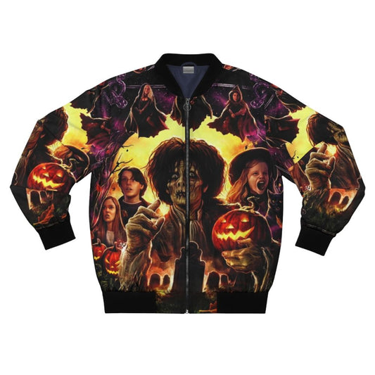 Vintage-inspired bomber jacket with Hocus Pocus-themed graphics and text