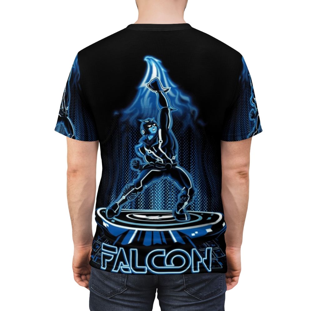 Vintage 80s inspired t-shirt with pop culture mashup design featuring Captain Falcon, Tron, and video game elements - men back