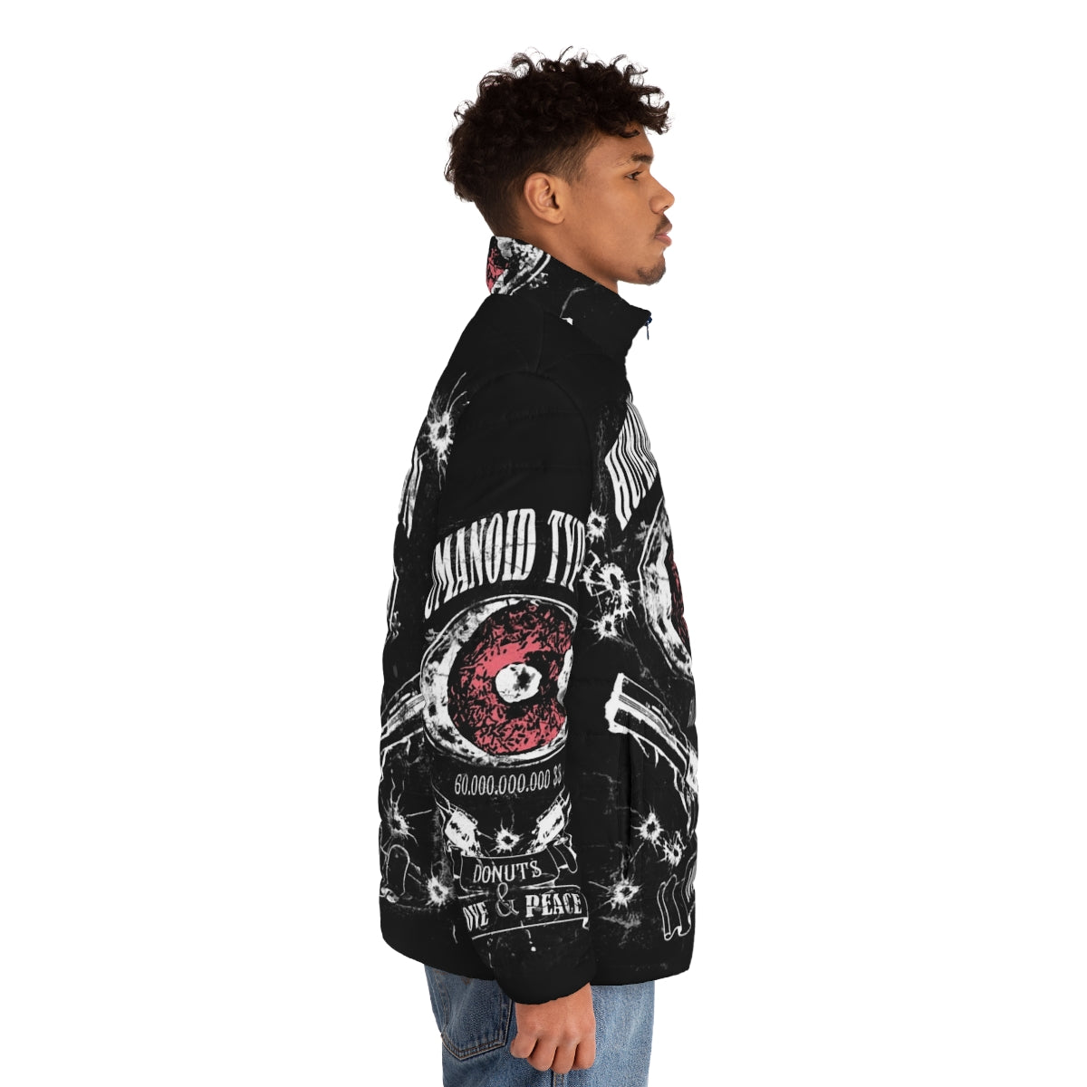 Trigun inspired Humanoid Typhoon puffer jacket with donuts design - men side right