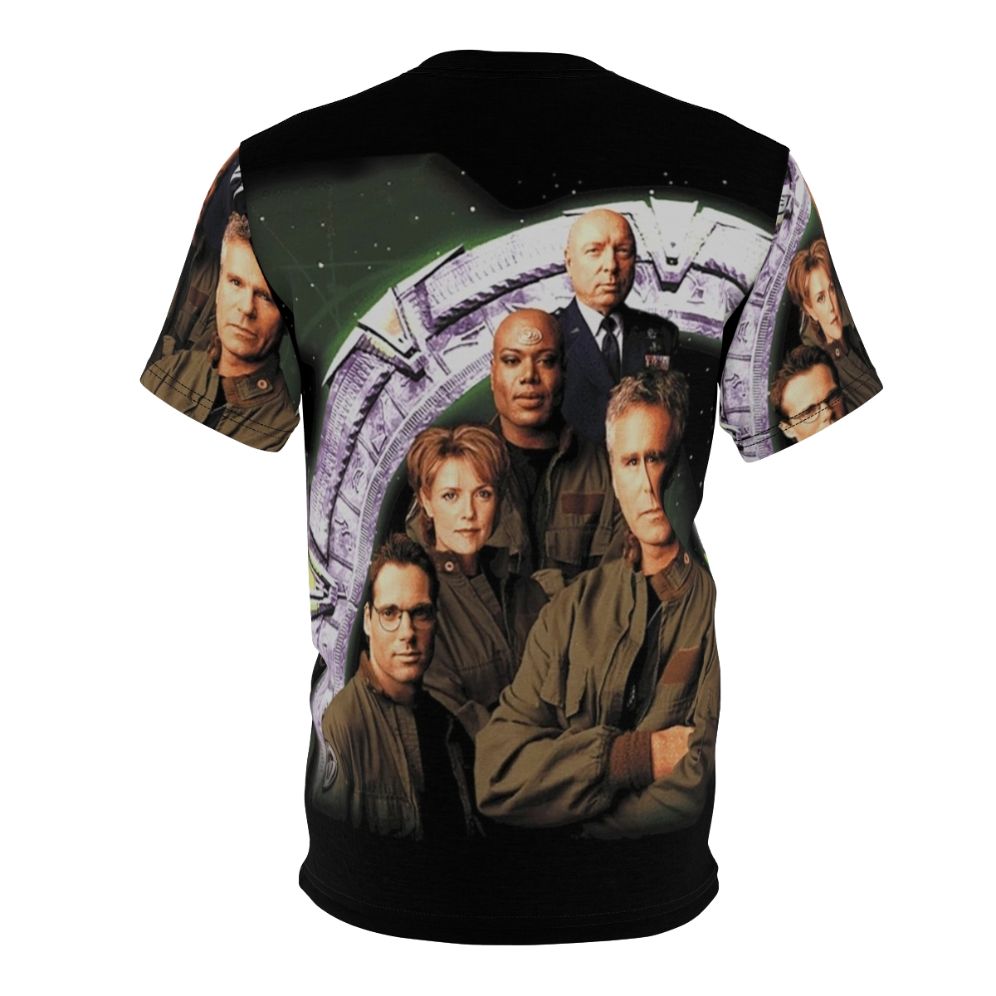 Stargate SG-1 inspired t-shirt design featuring iconic characters and symbols from the sci-fi franchise. - Back