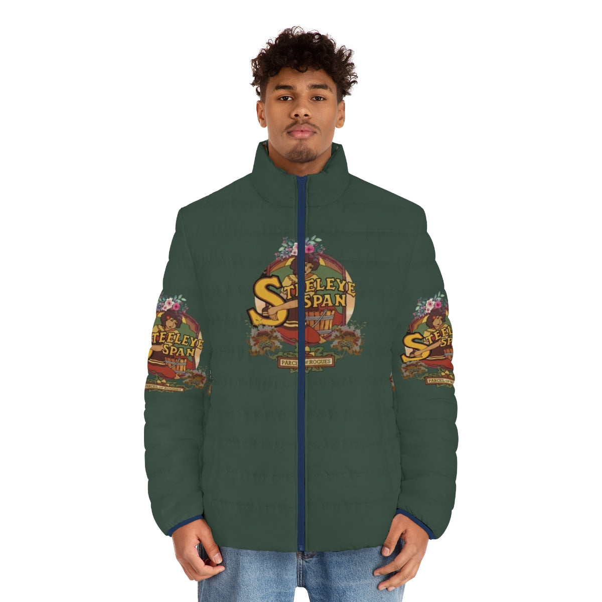 Steeleye Span inspired puffer jacket with a vintage folk rock design - men front