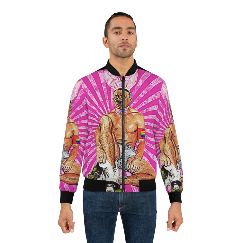 "Bomber jacket with a humorous design featuring a 'roller boy' and Hitler-inspired graphics" - Lifestyle