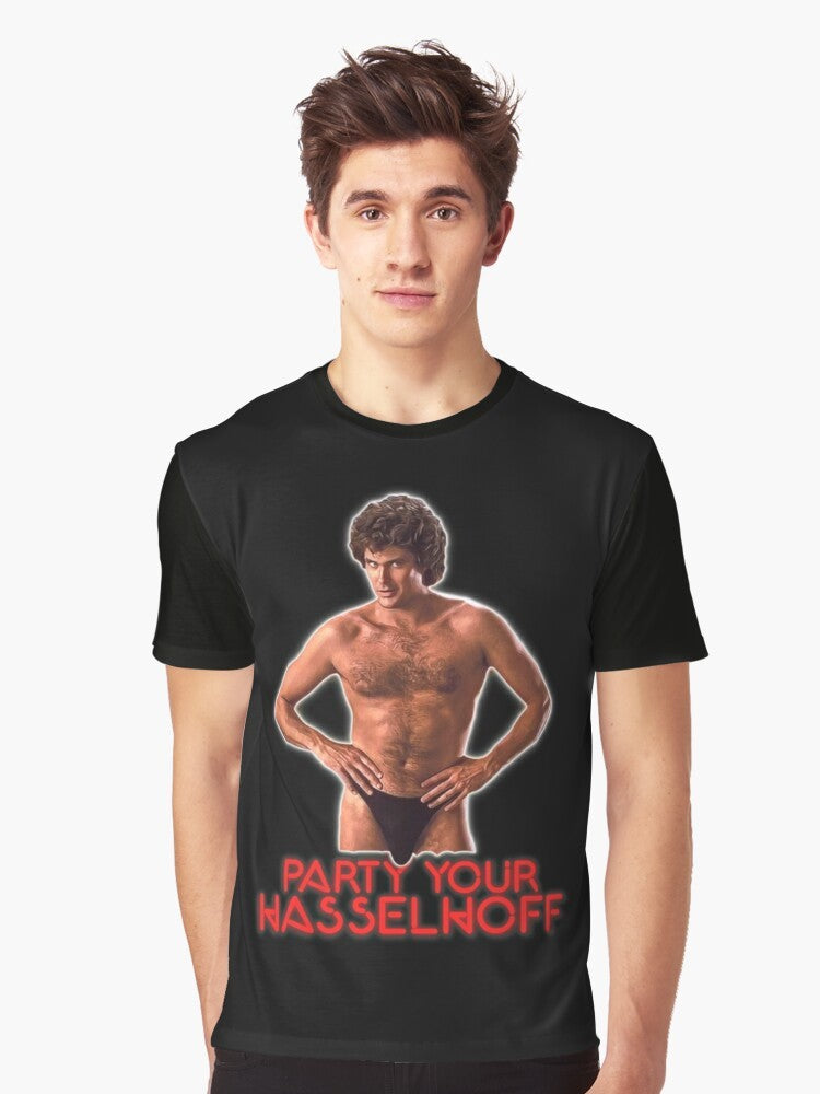 Retro "PARTY YOUR HASSELHOFF" graphic t-shirt featuring David Hasselhoff, the iconic 80s actor and pop culture figure. - Men