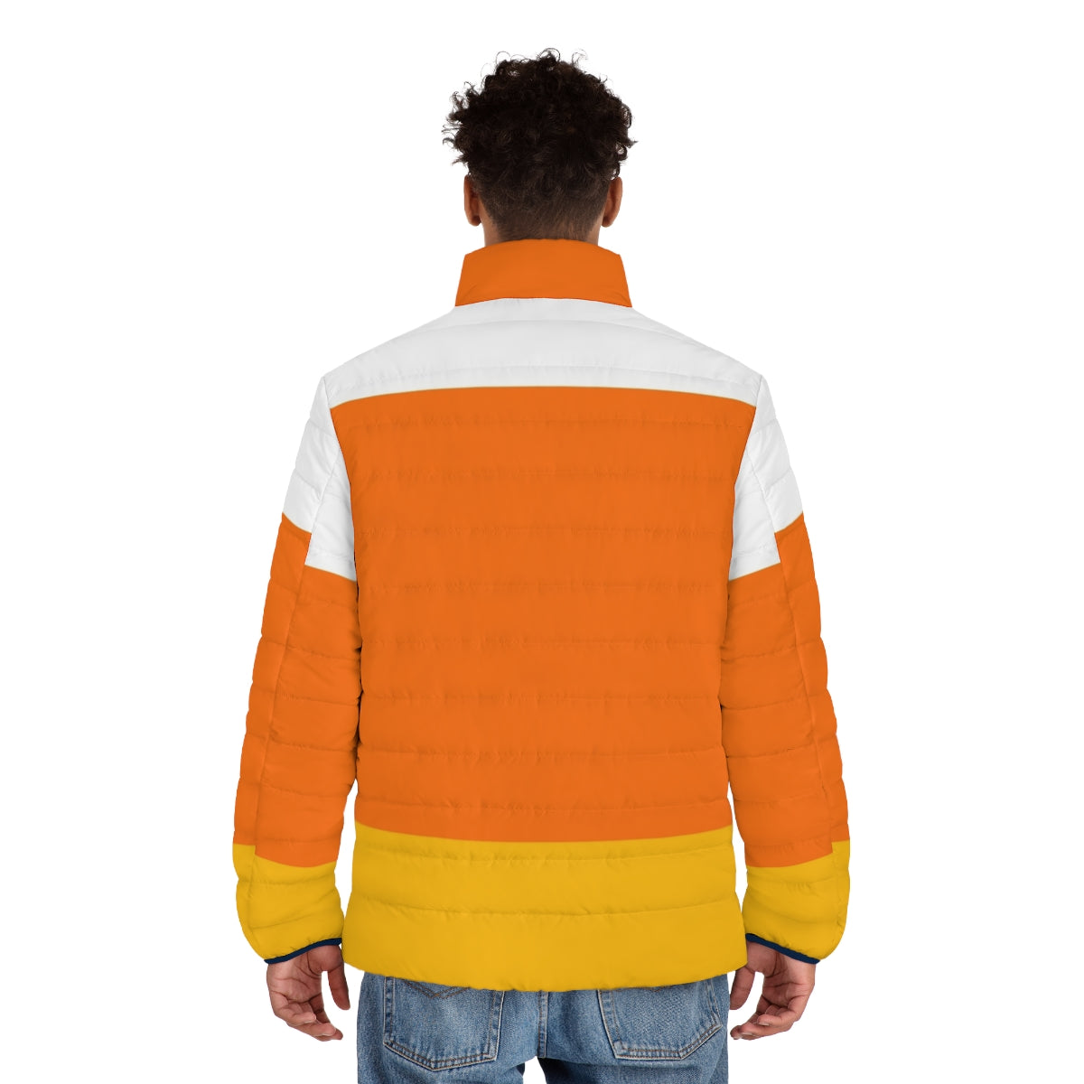 Candy corn inspired puffer jacket, perfect for Halloween and fall festivities - men back