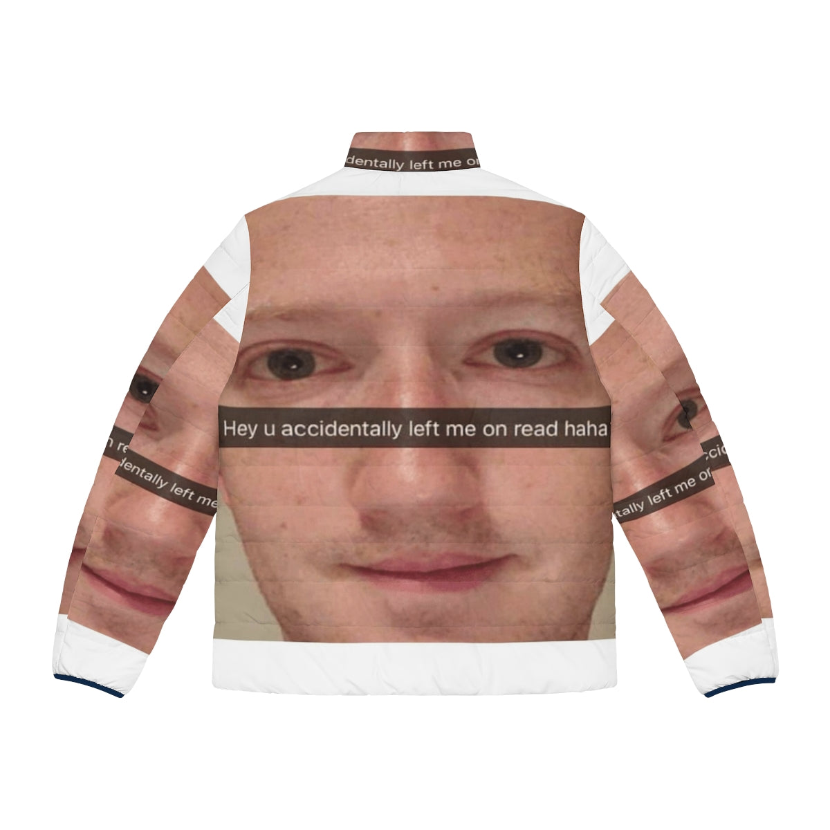 Mark Zuckerberg meme puffer jacket featuring a popular social media-inspired design - Back