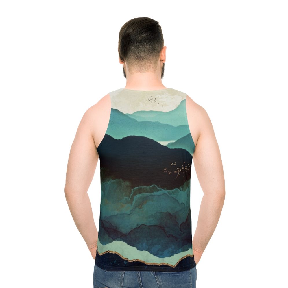 Unisex watercolor tank top with mountain landscape design - men back