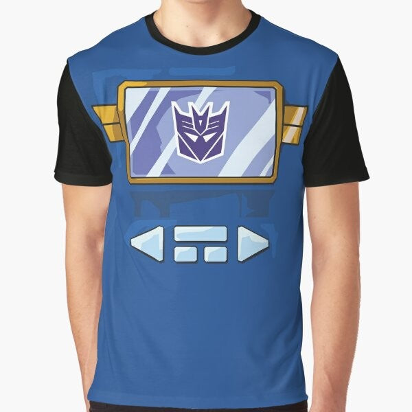 Retro Soundwave graphic design on a black t-shirt for Transformers fans