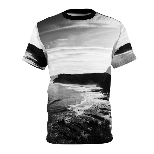 Scenic Asturias landscape t-shirt featuring a view of the beach, cliffs, and cloudy sky