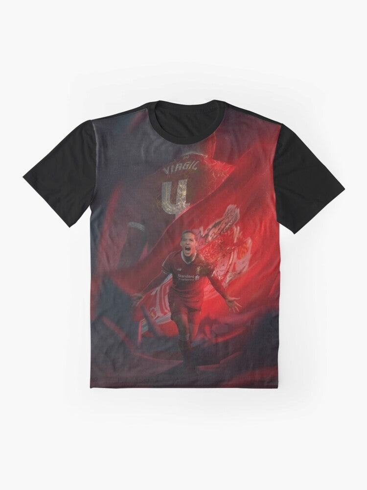 Illustration of Virgil Van Dijk, the famous Liverpool FC football player, on a graphic t-shirt design. - Flat lay