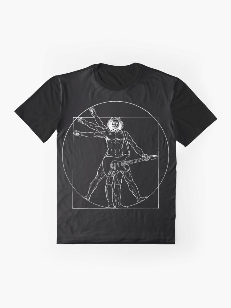 Vetruvian man graphic t-shirt with electric guitar, inspired by Leonardo da Vinci's classical artwork - Flat lay