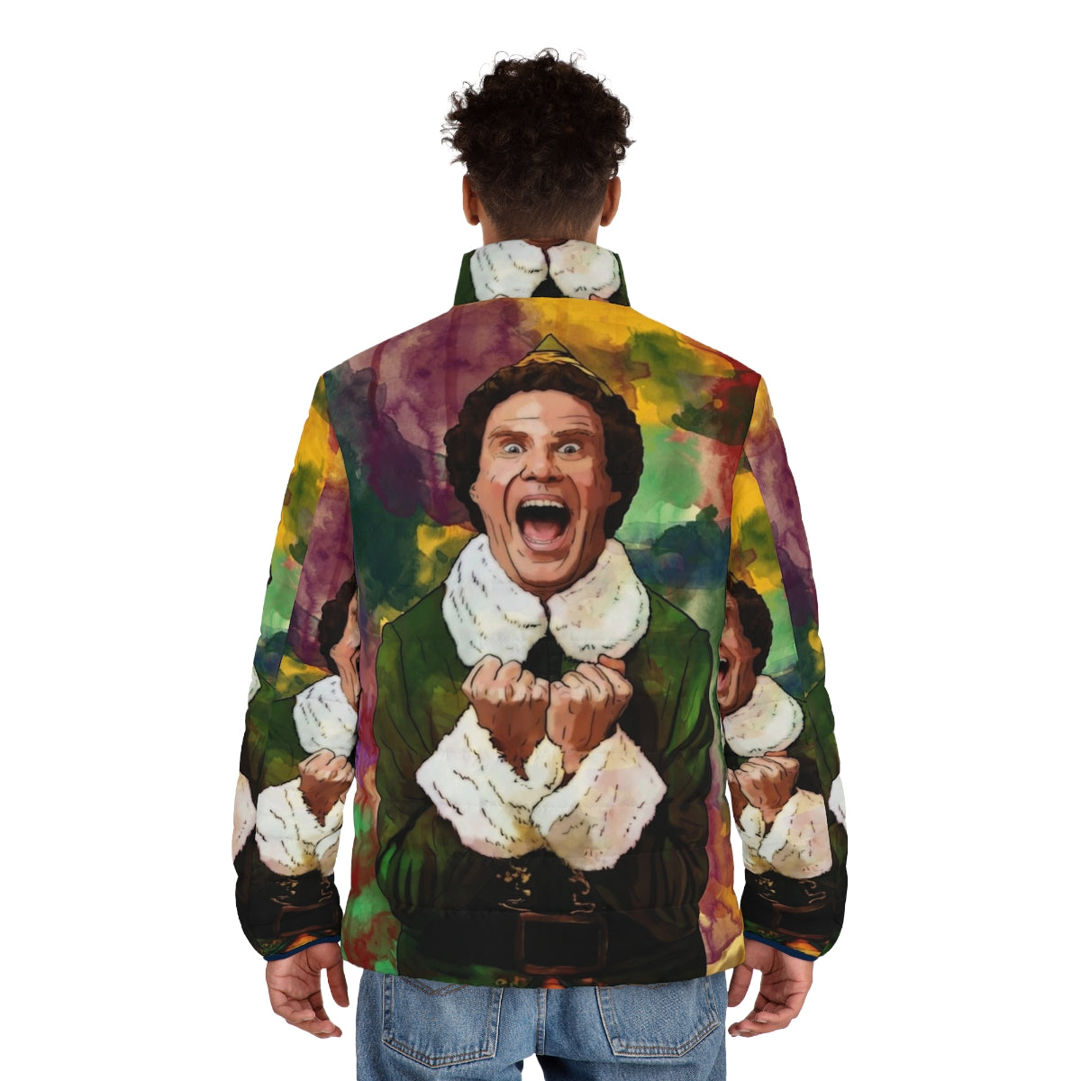 Elf-inspired puffer jacket with holiday graphics and colors - men back