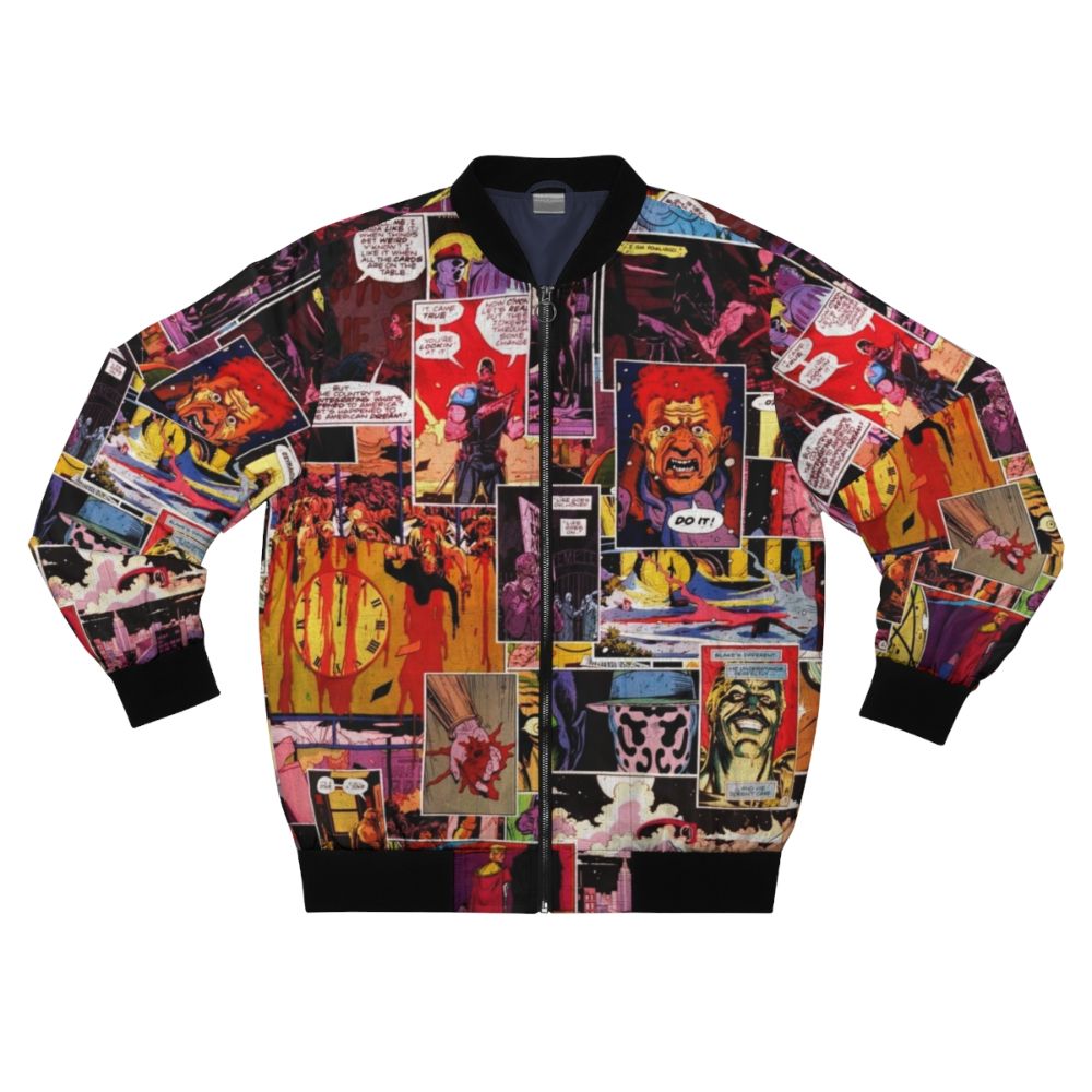 Watchmen comic book superhero bomber jacket featuring a collage of iconic characters and panels