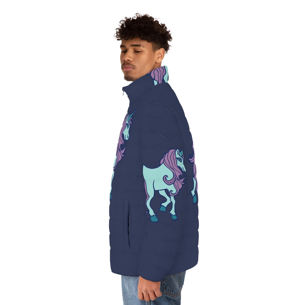 A pink puffer jacket with a unicorn design, perfect for the unicorn lover. - men side left