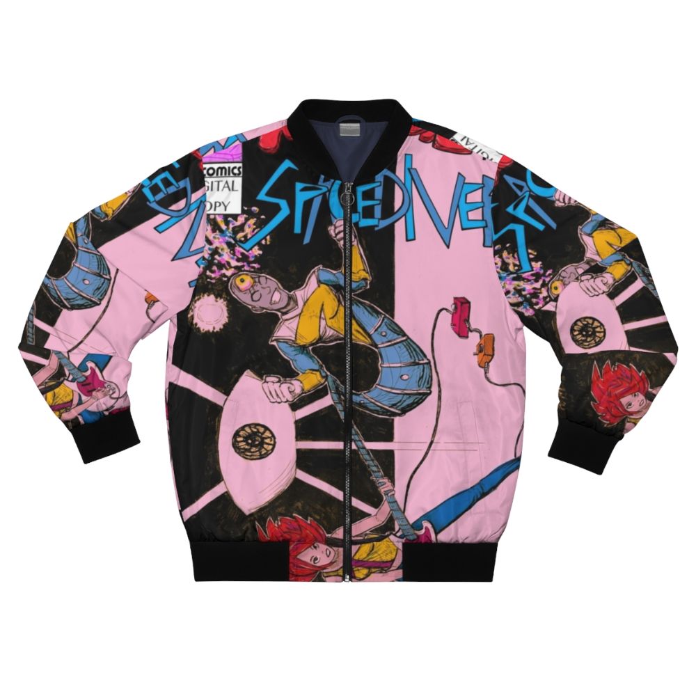 Punk girl power sci-fi space alien bomber jacket with red hair, pink, blue, and yellow colors