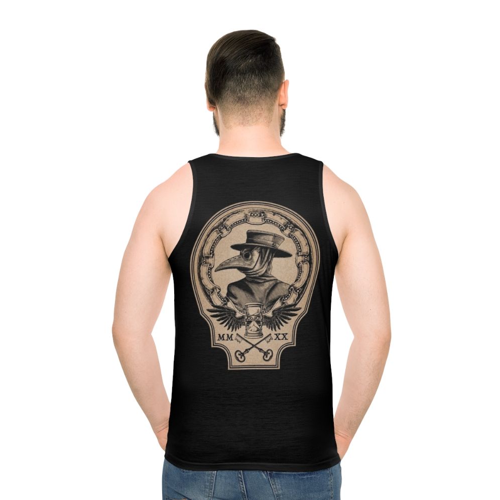 Vintage plague doctor unisex tank top with raven, hourglass, and roman numerals design - men back