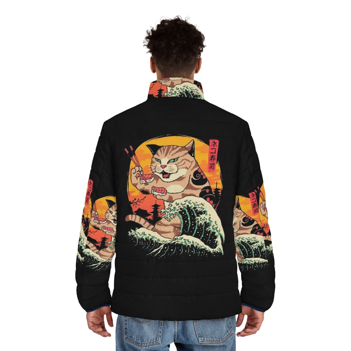 A puffer jacket featuring a cat and sushi design inspired by Hokusai's The Great Wave - men back