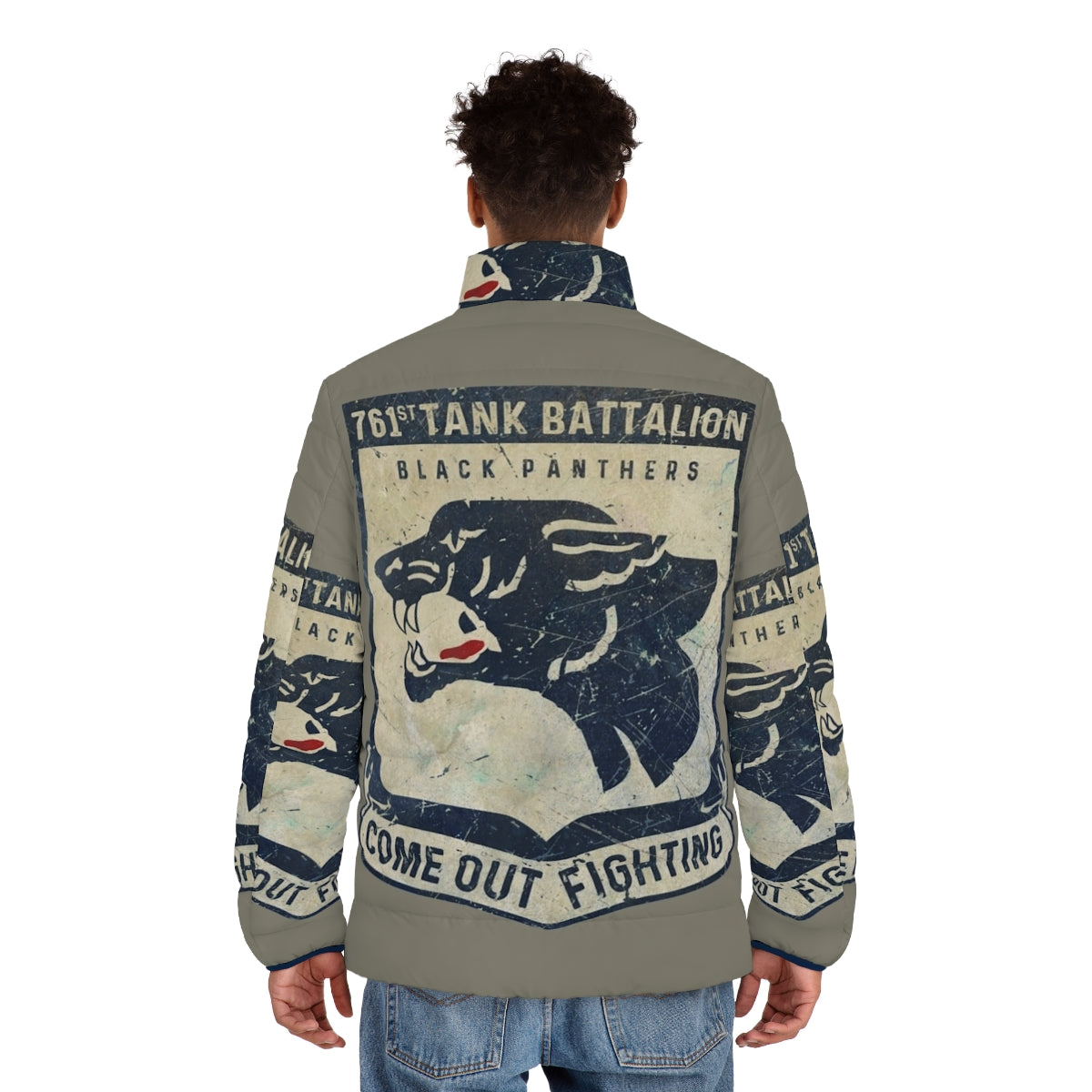 761 Tank Battalion vintage military puffer jacket with badass panther emblem - men back