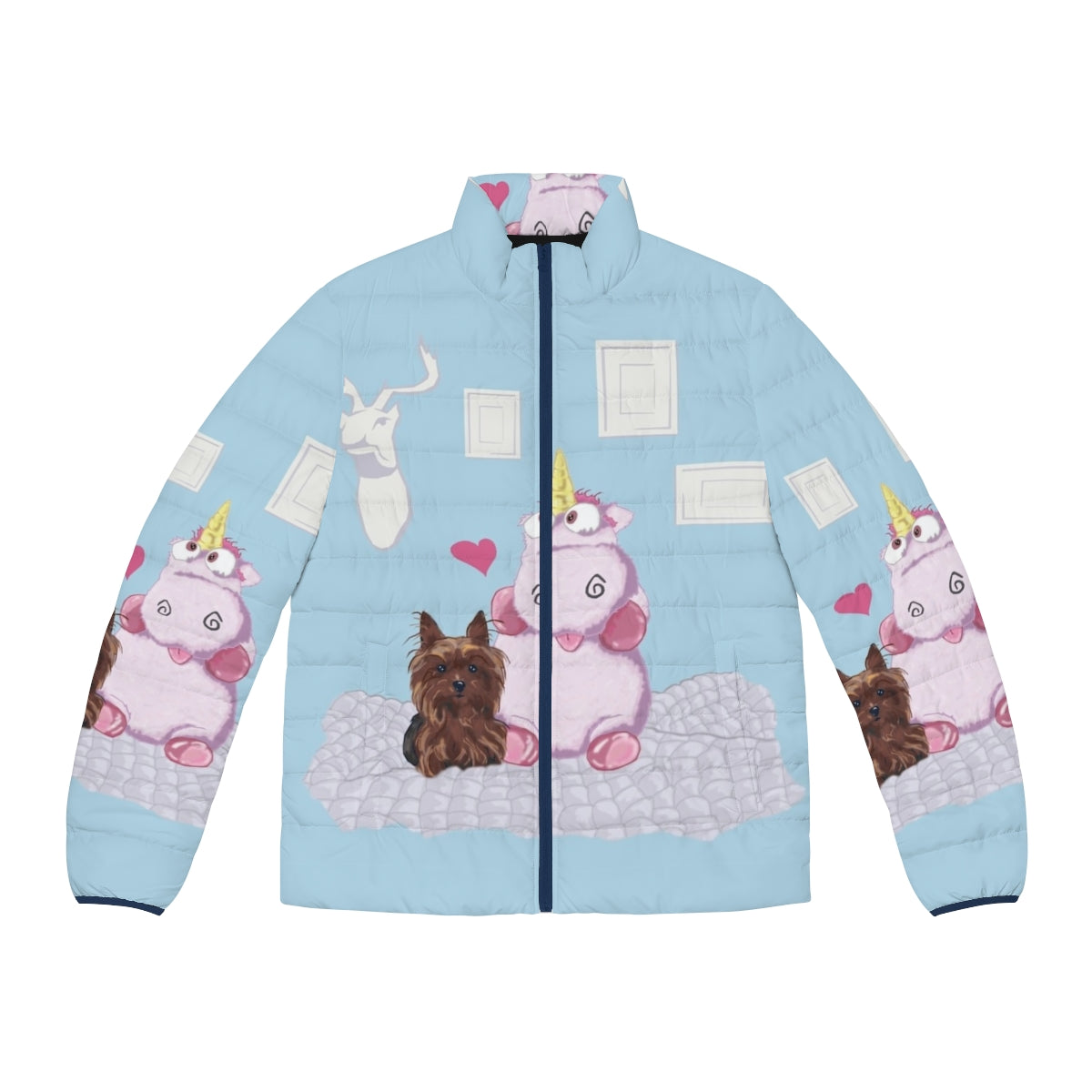 A cozy puffer jacket with a nice family portrait and a cute plush unicorn toy