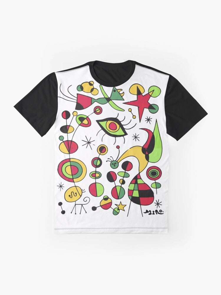 Joan Miro inspired t-shirt design featuring colorful fish in a surrealistic style - Flat lay