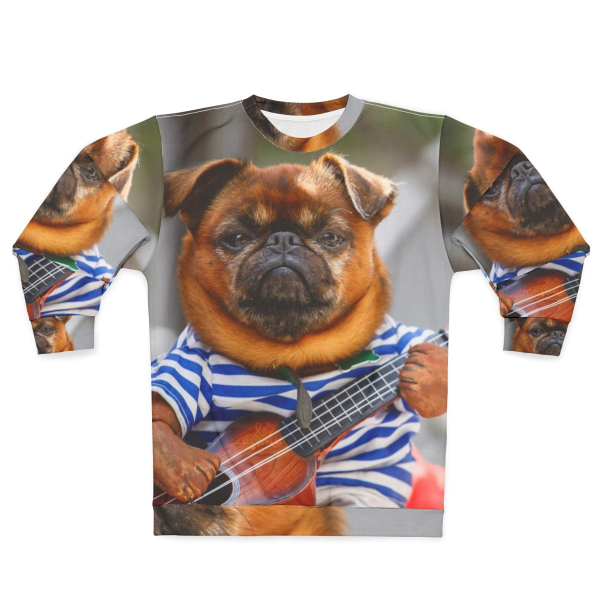 Funny pug dog playing guitar on cozy sweatshirt