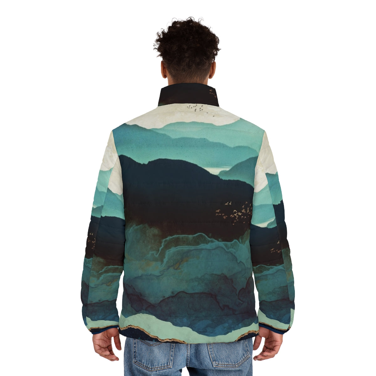 Indigo Mountains Puffer Jacket with abstract watercolor landscape design - men back