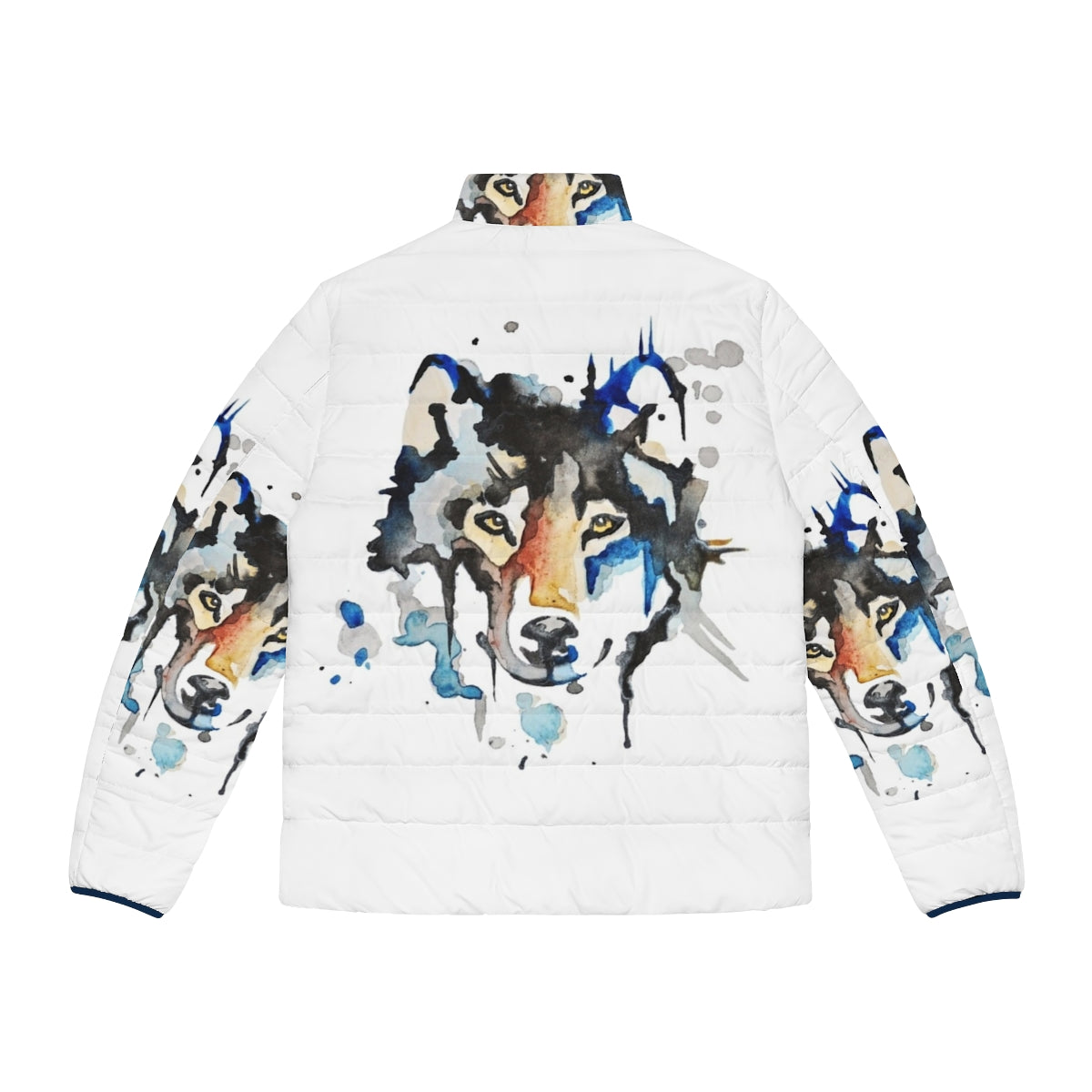 Watercolor wolf puffer jacket with abstract art design - Back