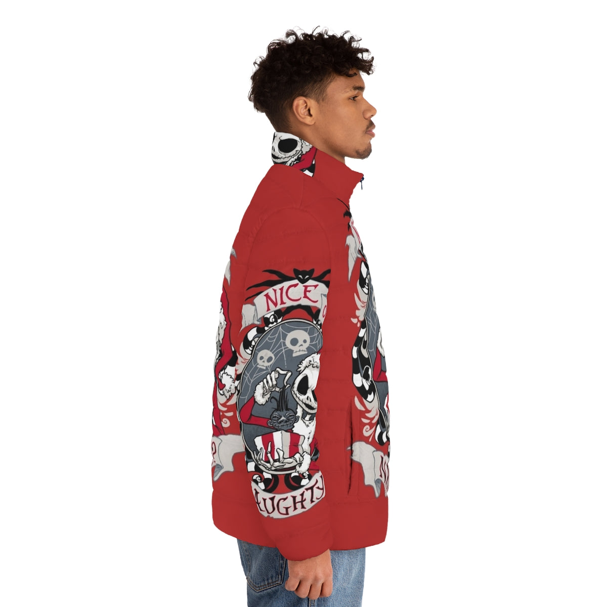 Scary Santa Puffer Jacket featuring Jack Skellington and Nightmare Before Christmas inspired design - men side right