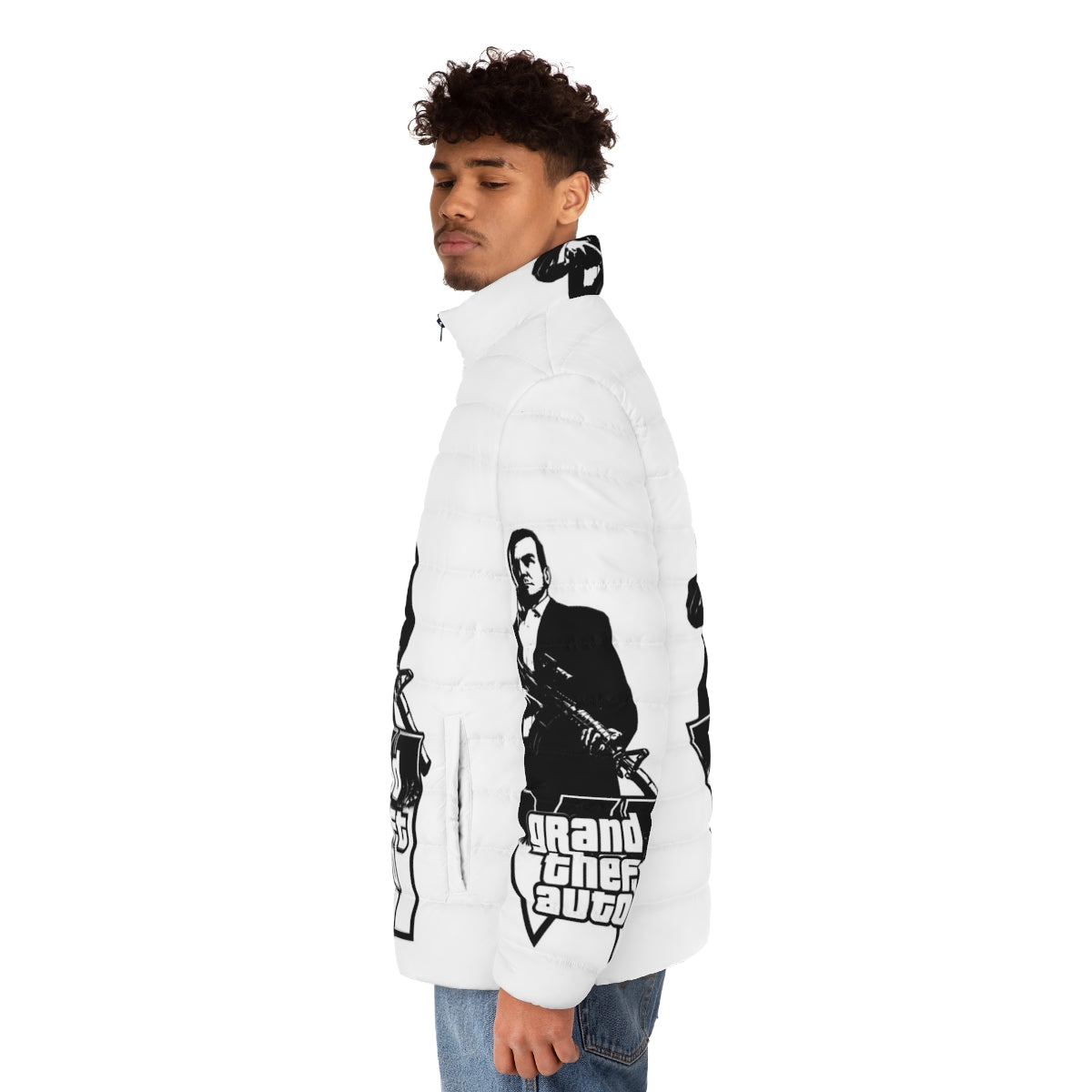 Grand Theft Auto Puffer Jacket featuring iconic GTA game elements - men side left