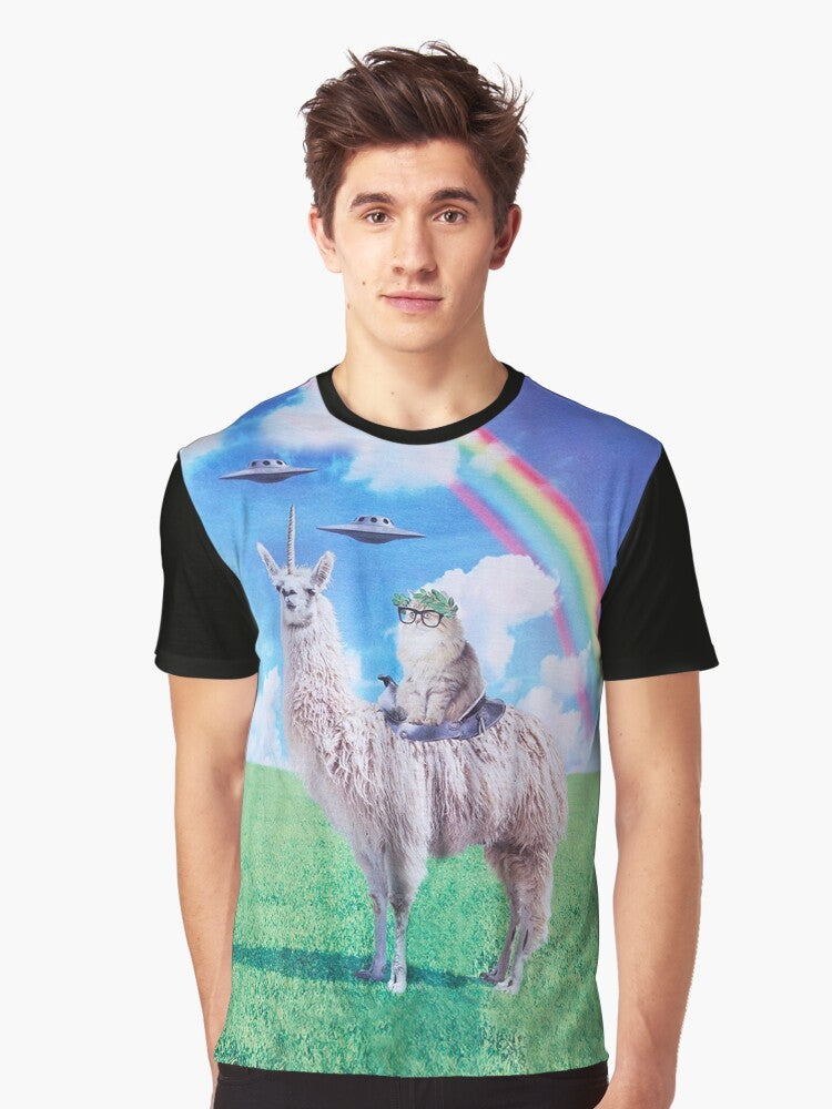 Cat riding a unicorn llama (llamacorn) on a colorful rainbow-filled space background with a flying UFO - Men