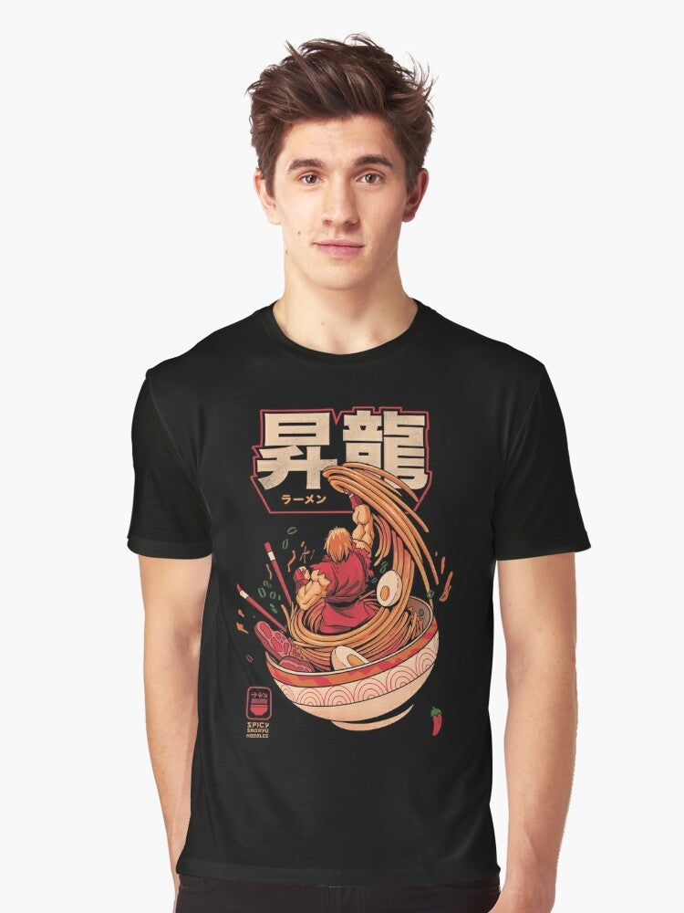 A graphic t-shirt featuring the iconic "Shoryuken" move from the Street Fighter video game series, with a spicy ramen noodle design. - Men