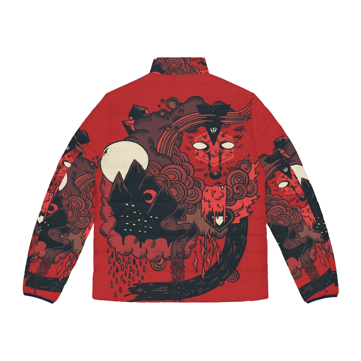 Rugged and bold puffer jacket with wolf and nature inspired design - Back