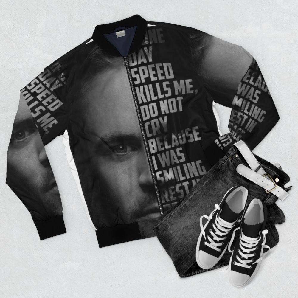 Paul Walker Celebrity Text Portrait Bomber Jacket - Flat lay