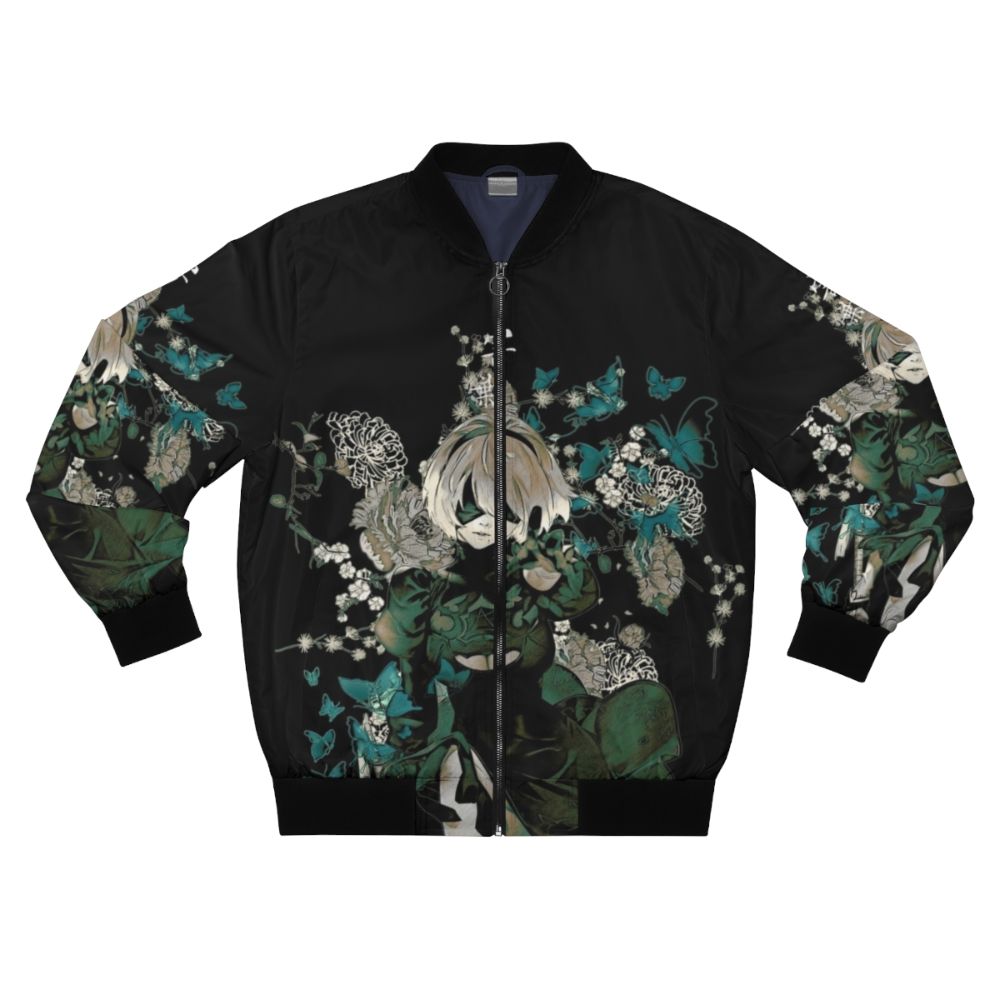 A fantasy-inspired dark floral bomber jacket with butterflies and anime-inspired design elements.