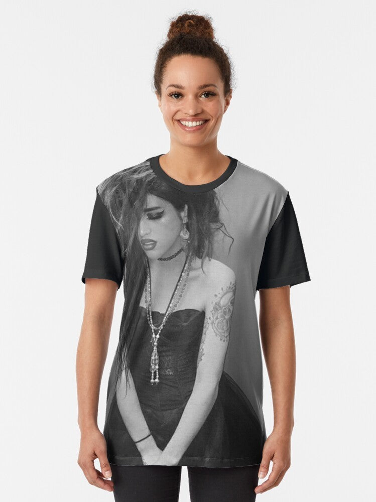 Black and white graphic t-shirt featuring Adore Delano, a popular drag queen from RuPaul's Drag Race. - Women