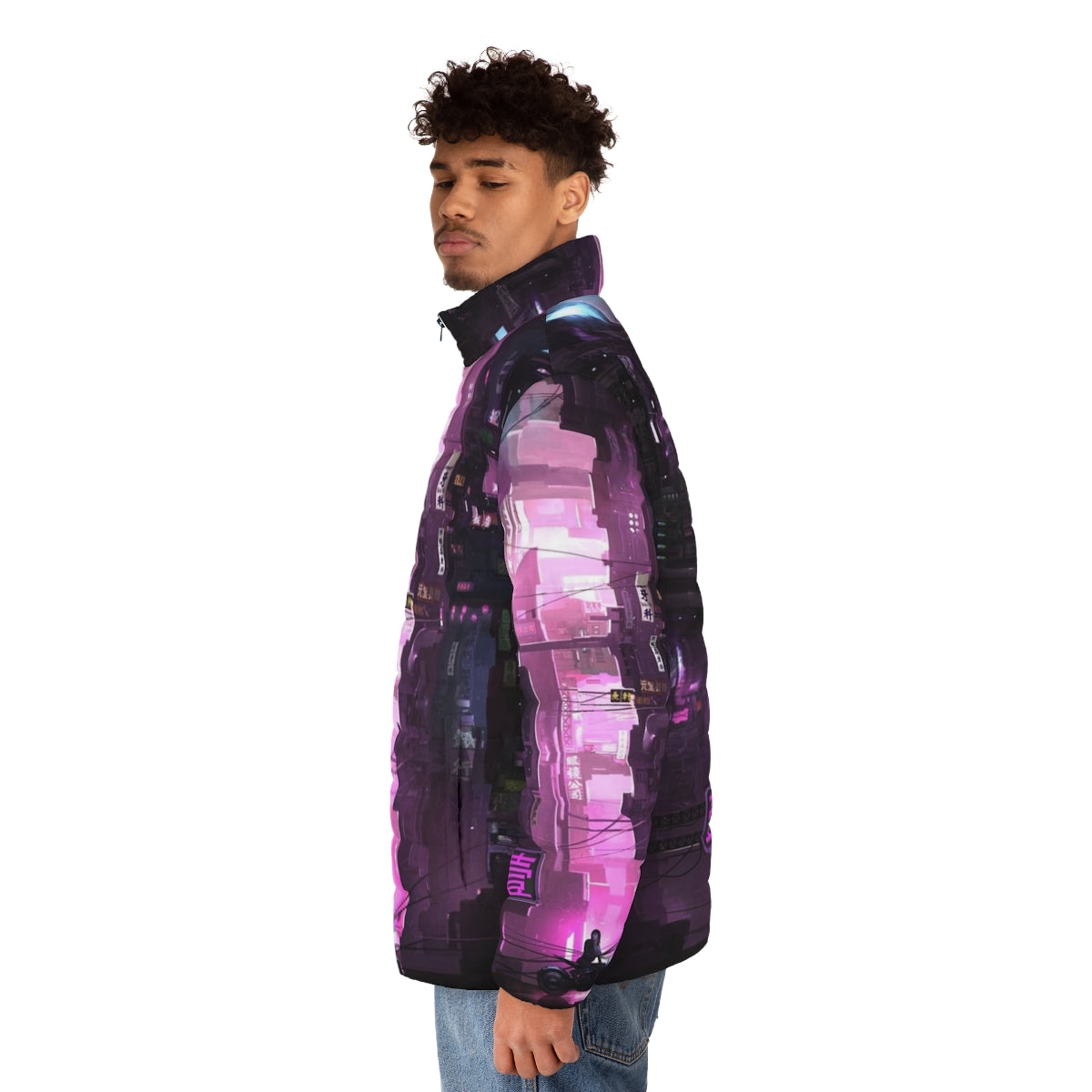 Cyberpunk-style GITS puffer jacket with vibrant color blocking - men side left