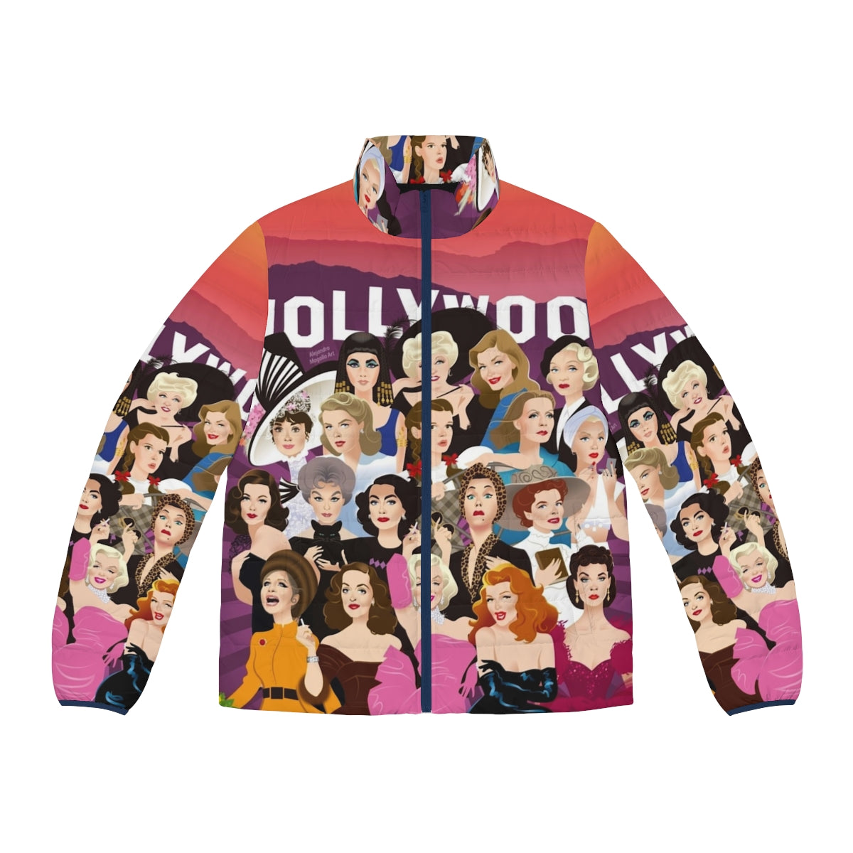 Luxurious puffer jacket with Alejandro Mogollo's Hollywood-inspired art