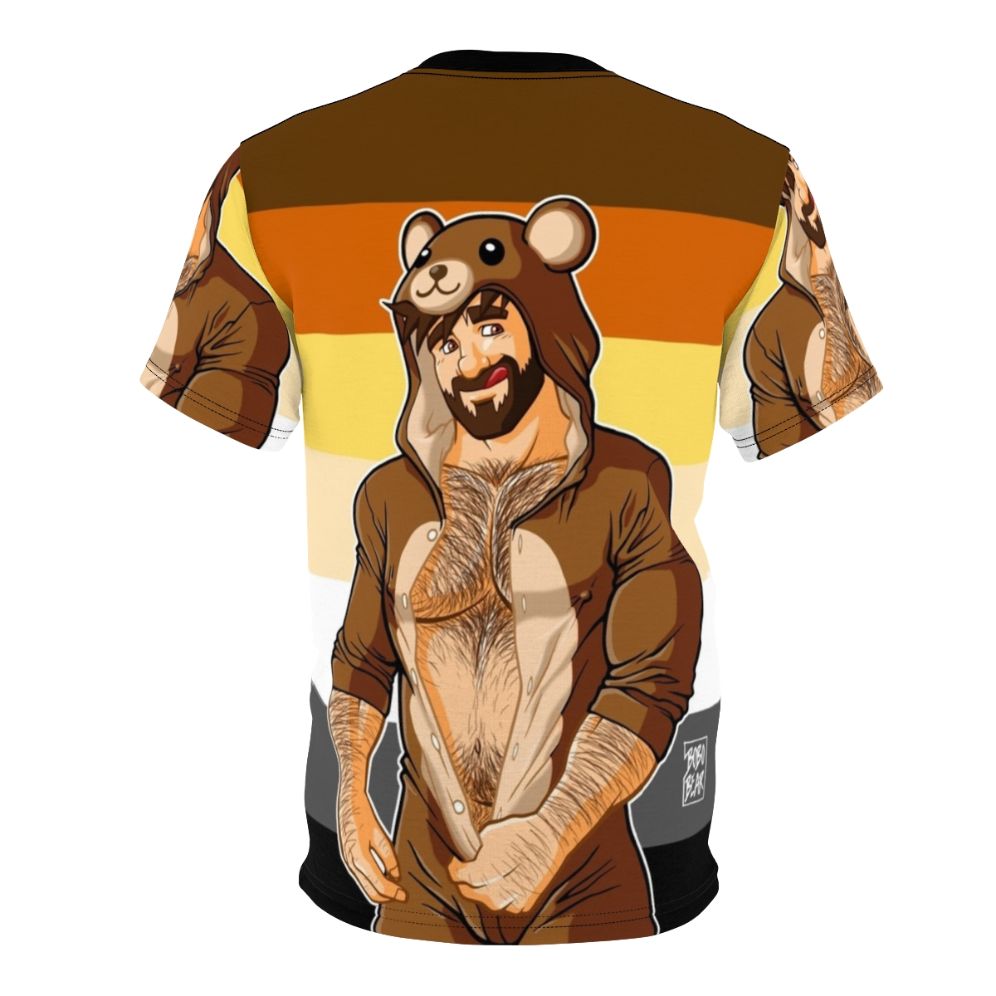 An all-over printed t-shirt featuring a bear pride design with various bear-related motifs and text - Back