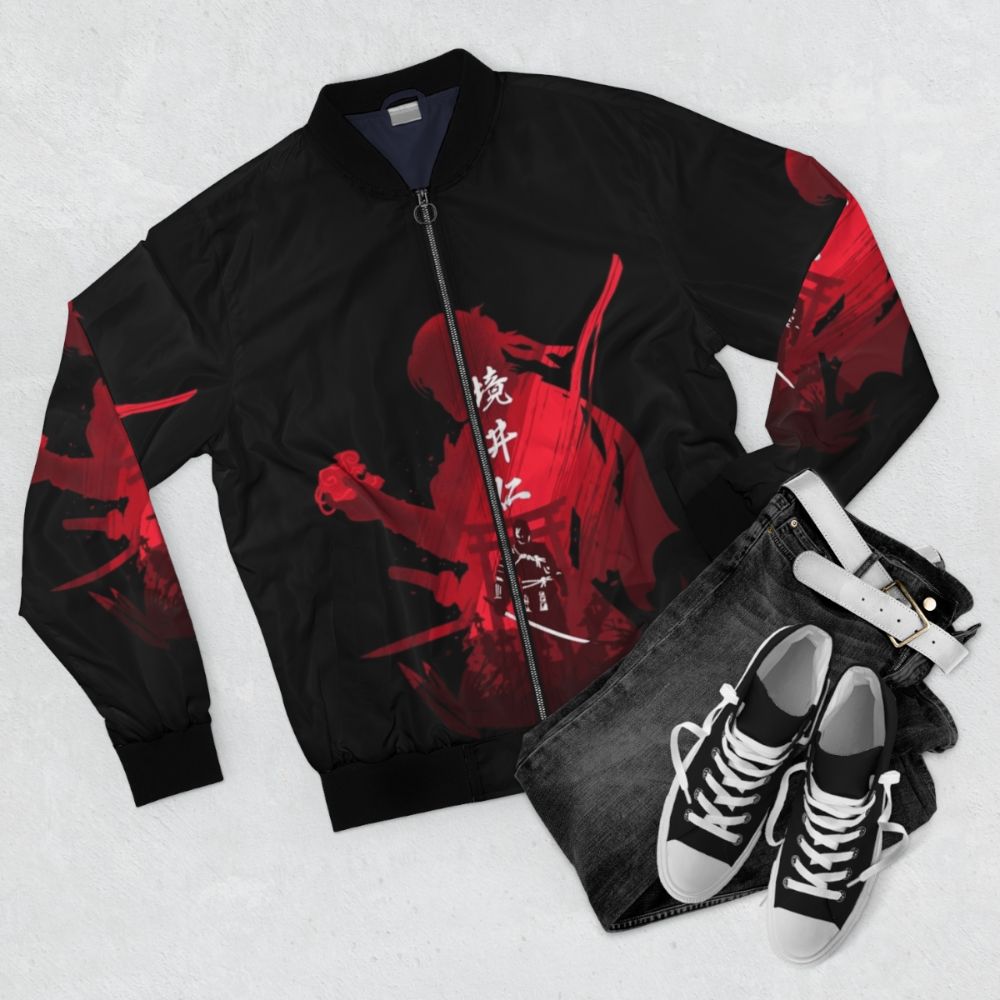 Bomber jacket featuring the iconic imagery of Jin Sakai, the samurai protagonist of the video game Ghost of Tsushima. - Flat lay