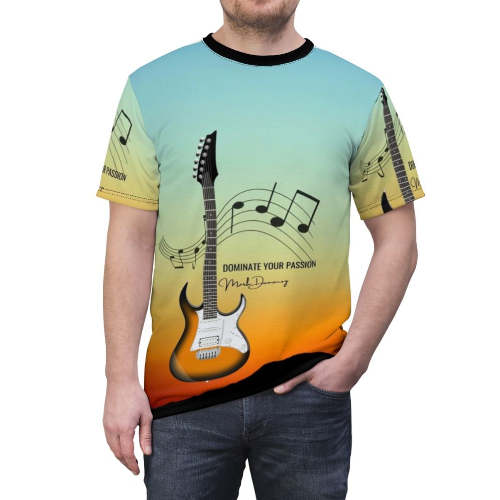 Artwork featuring a guitar dominator design, electric guitar, music notes - men front