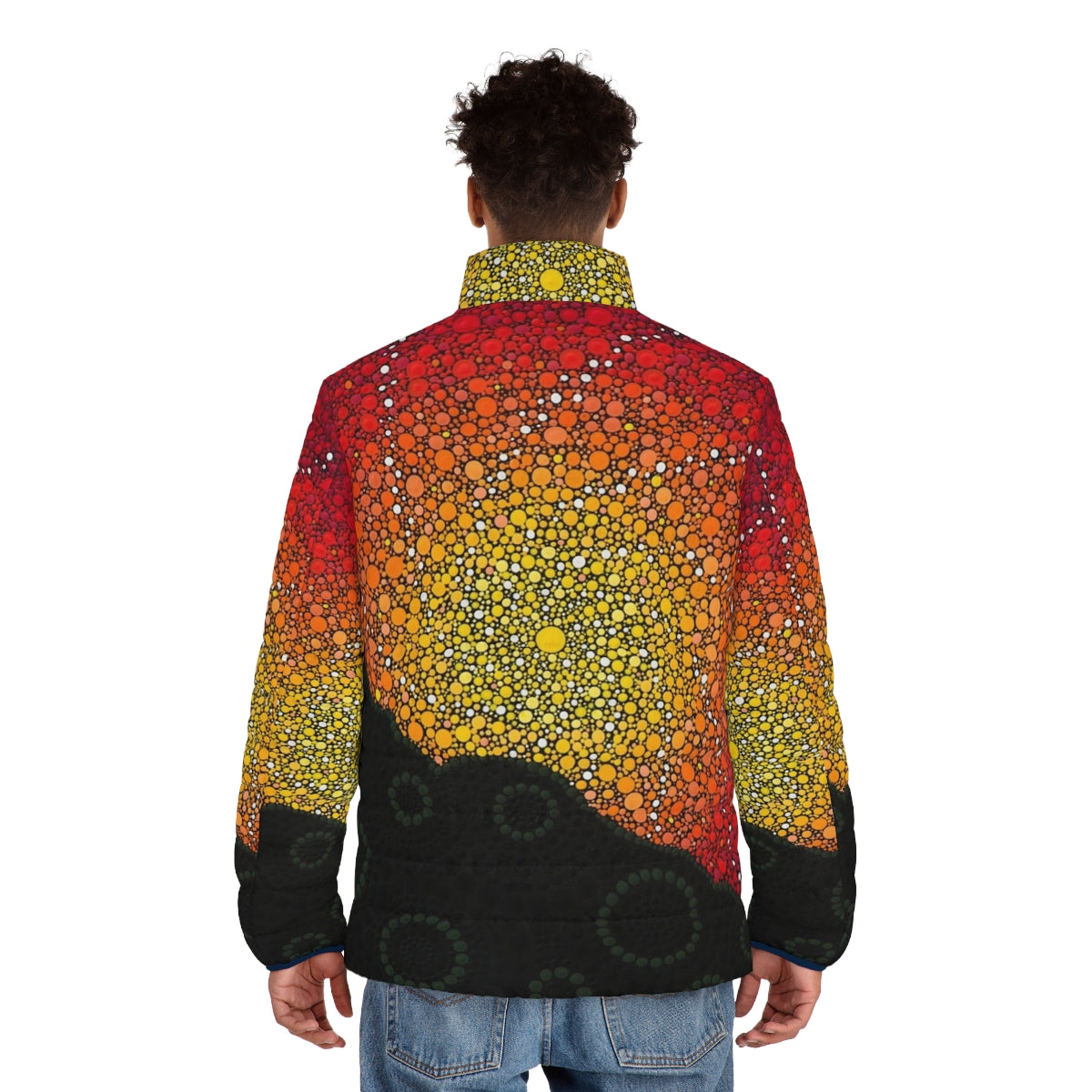 Early Warning Aboriginal Puffer Jacket with Indigenous Australian Art Designs - men back